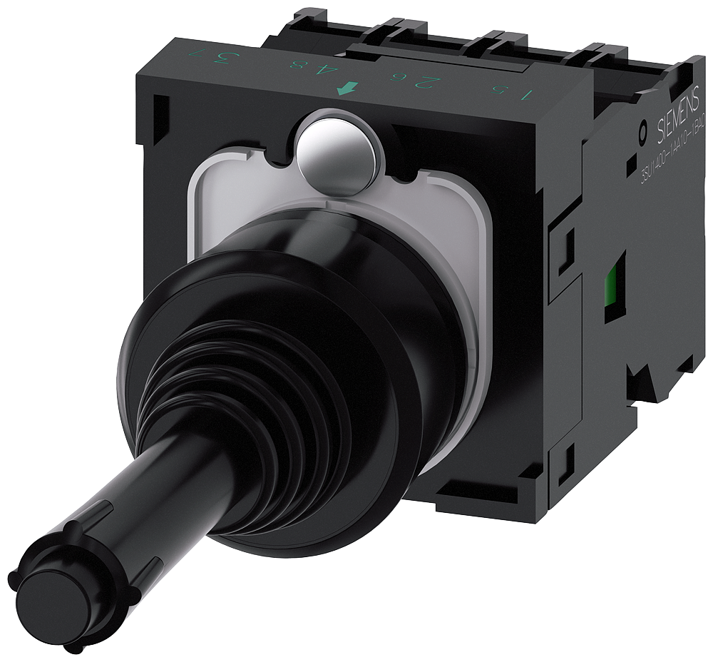 Coordinate switch. 22mm. round. plastic. black. 4 switch positions. momentary contact type. with mechanical interlock in the o position. with holder. 1NO. 1NO.1NO. 1NO. screw terminal