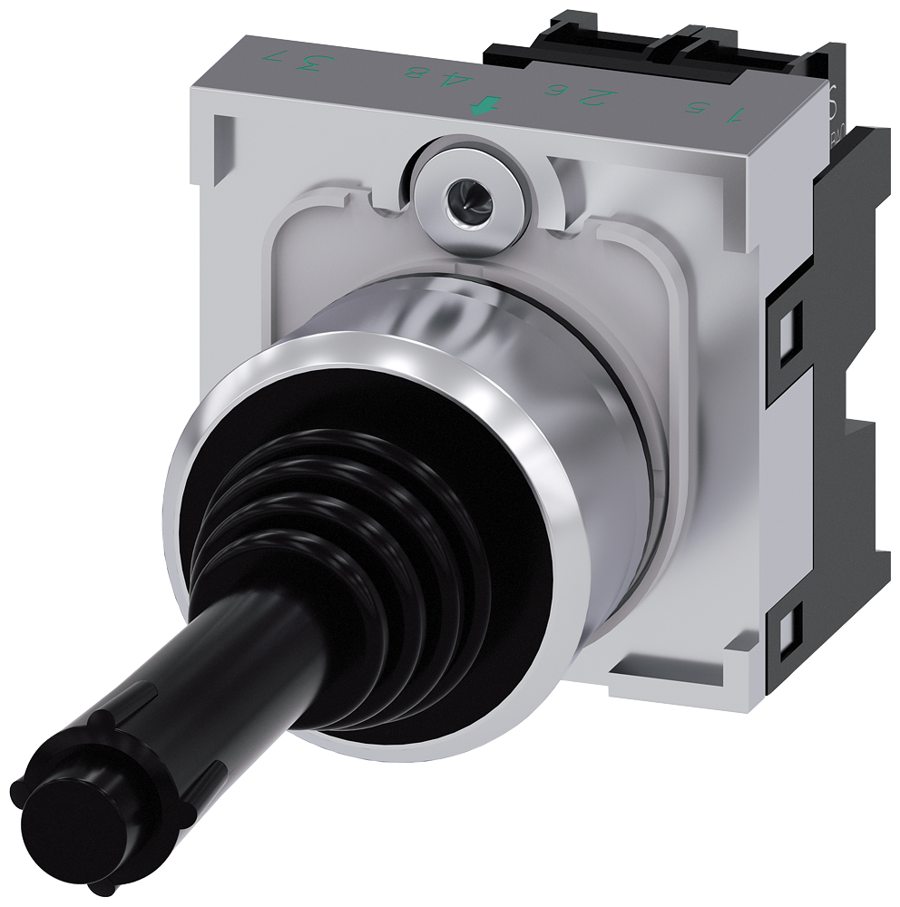 Coordinate switch. 22mm. round. metal. shiny. black. 2 switch positions. vertical mom. contact type. with mechanical interlock in the o position. with holder. 1NO. 1NO. screw terminal