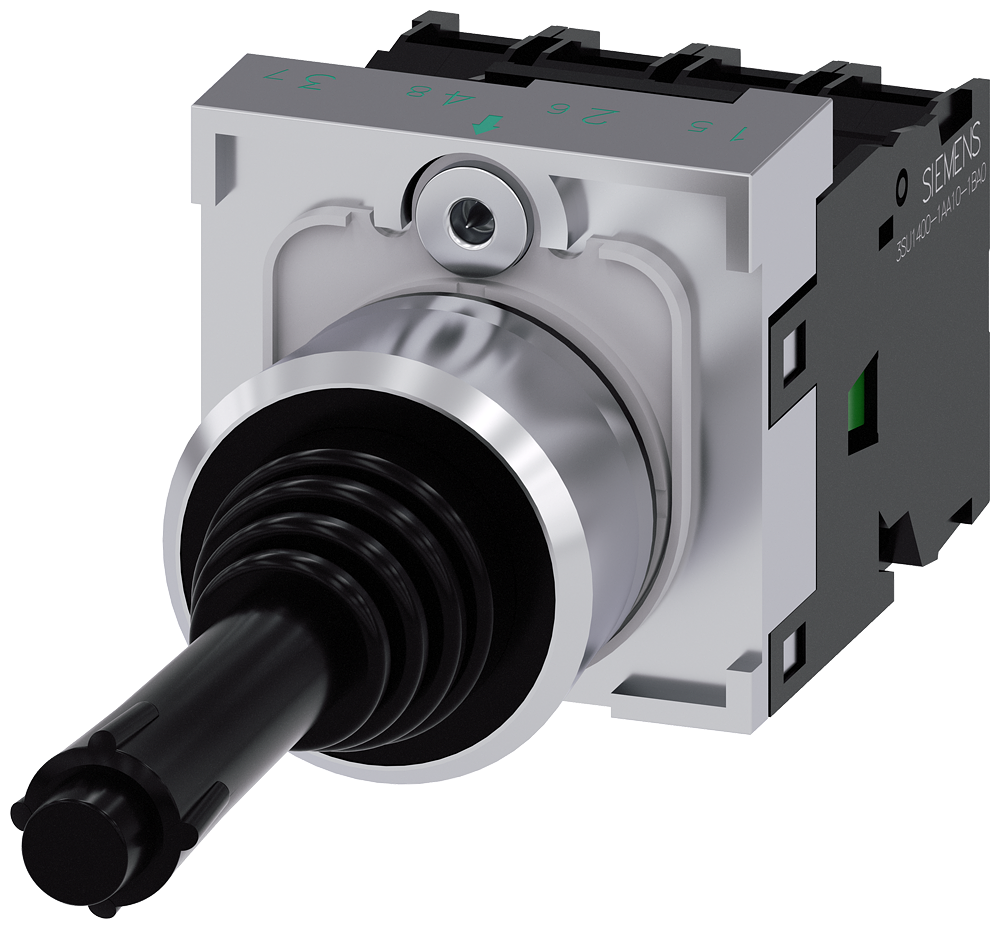 Coordinate switch. 22mm. round. metal. shiny. black. 4 switch positions. momentary contact type. with mechanical interlock in the o position. with holder. 1NO.1NO. 1NO. 1NO. screw terminal
