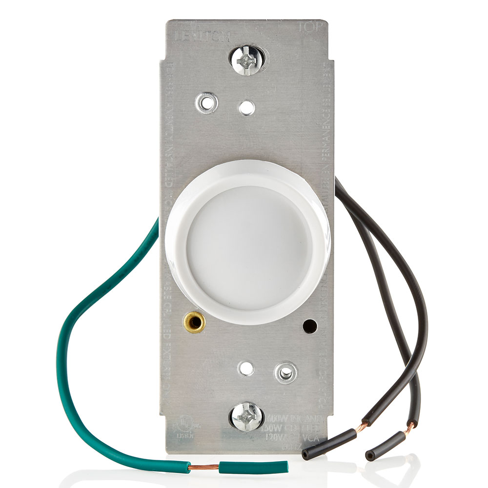 Universal Rotary Dimmer, Turn On/off, Single Pole, 600W - 120VAC Incandescent 150W LED/CFL. White Knob Assembled, Ivory And Lt Almond Knobs Included. Two Black Leads, One Green Ground Lead, (2) Mounting Screws Mounted To Strap With Retaining Washers,