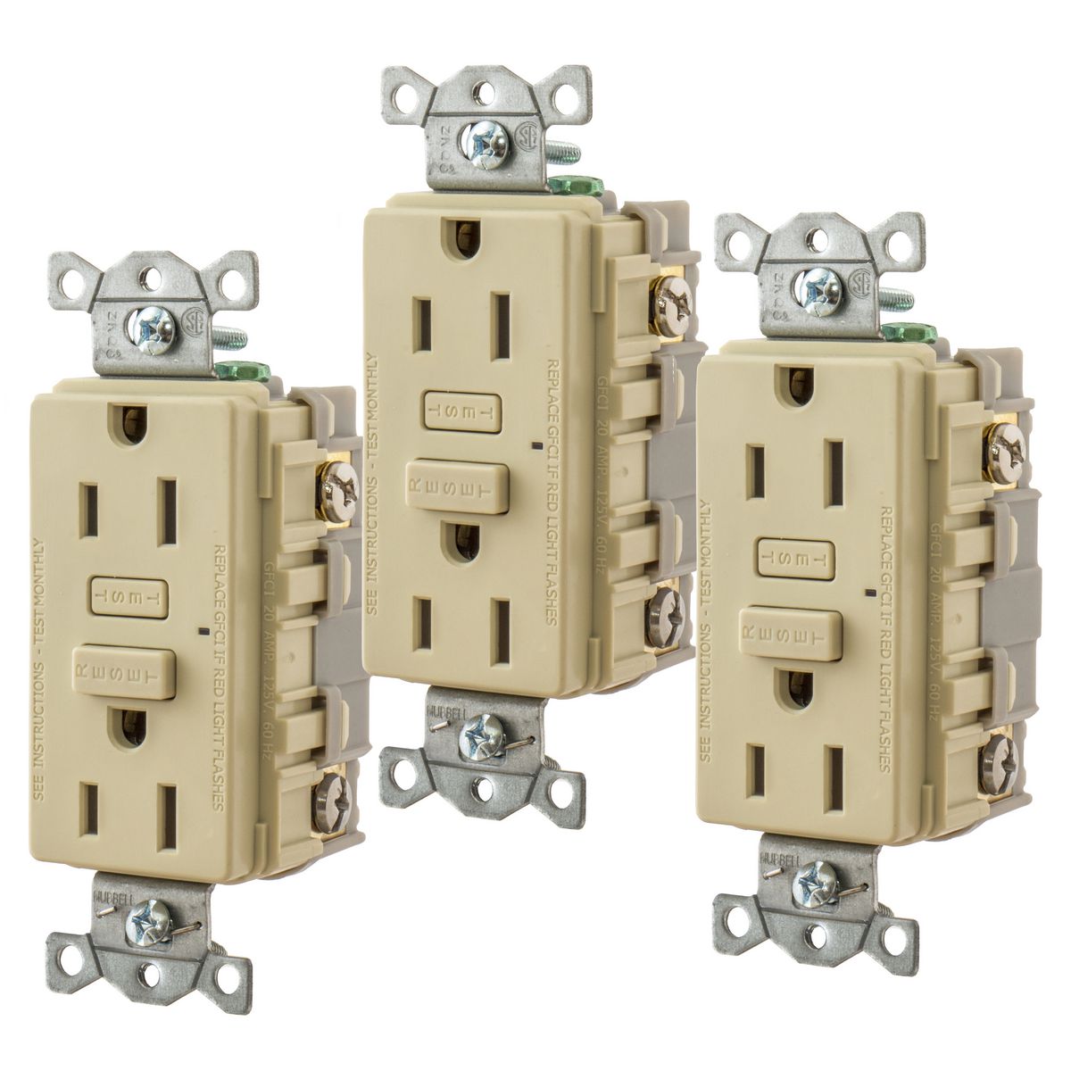 Hubbell Wiring Device Kellems, Power Protection Products, GFCIReceptacle, Duplex, Hubbell PRO, 15A 125V AC, 2-Pole 3-Wire Grounding,5-15R, Ivory, 3 Pack