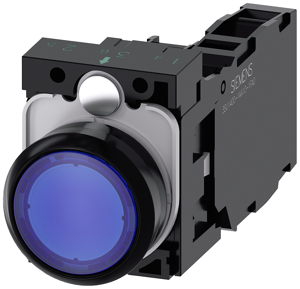 ILLUMINATED PUSHBUTTON. 22MM. ROUND. PLASTIC. BLUE. FLAT BUTTON. MOMENTARY CONTACT TYPE. WITH HOLDER. 1NO+1NC. LED MODULE. WITH INTEGRATED LED 230V AC. SCREW TERMINAL