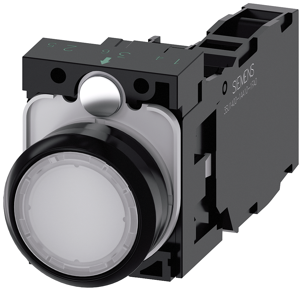 Illuminated pushbutton. 22mm. round. plastic. white. flat button. momentary contact type. with holder. 1NO+1NC. led module. with integrated led 230V AC. screw terminal