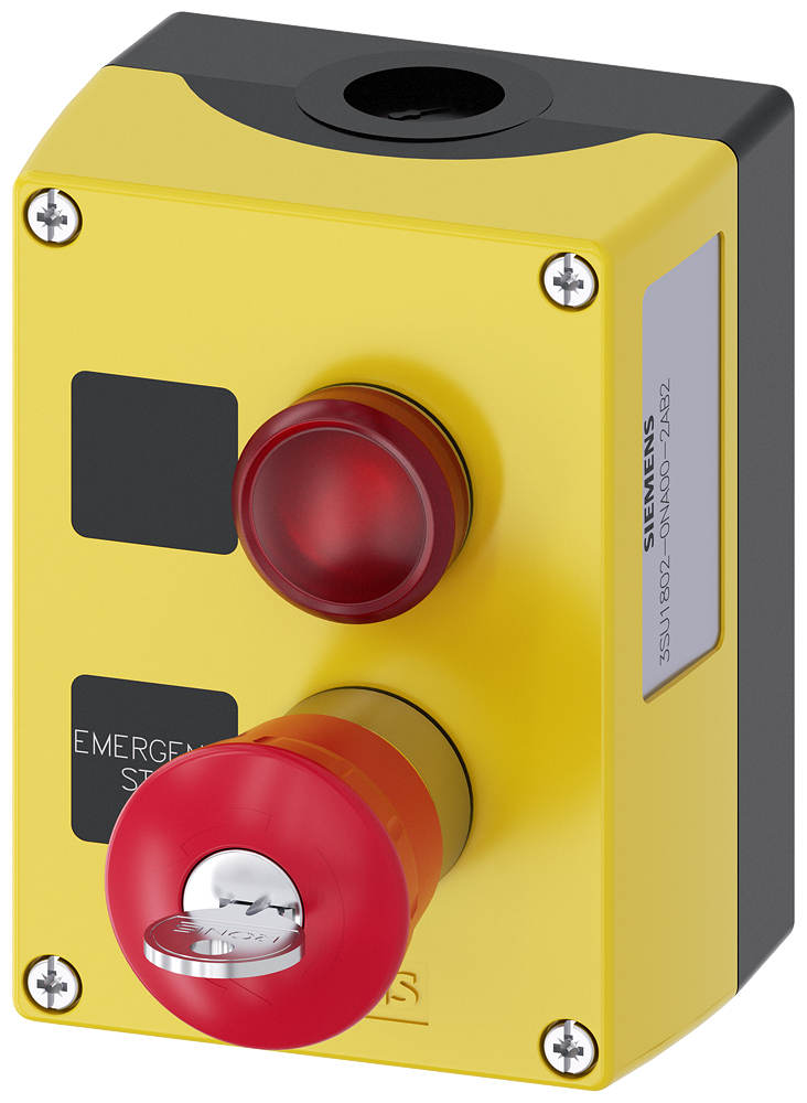 Enclosure for command devices. 22mm. round. enclosure material plastic. enclosure top part yellow. 2 command points plastic. b=indicator light red. led 6-24v. screw terminal. label without inscription. a=em. stop 40mm ronis lock. label emergency stop. 1NO. 1NC. screw terminal. base mounting. top and bottom 1 x m20 eACh