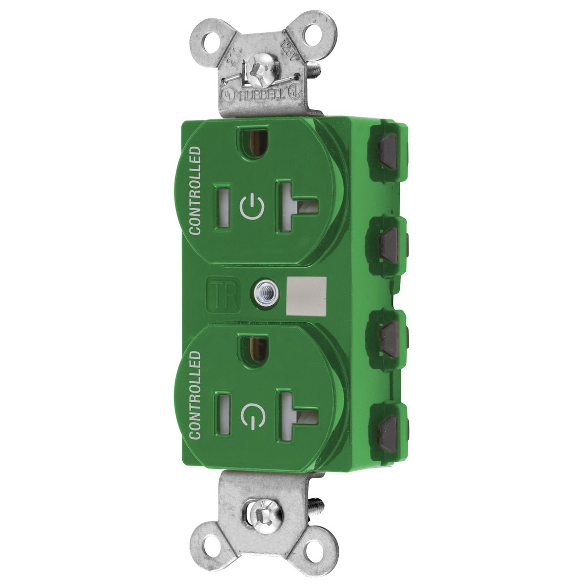 Straight Blade Devices, Receptacles, Duplex, SNAPConnect, Controlled, Tamper Resistant, 20A 125V, 2-Pole 3-Wire Grounding, 5-20R, Nylon, Green