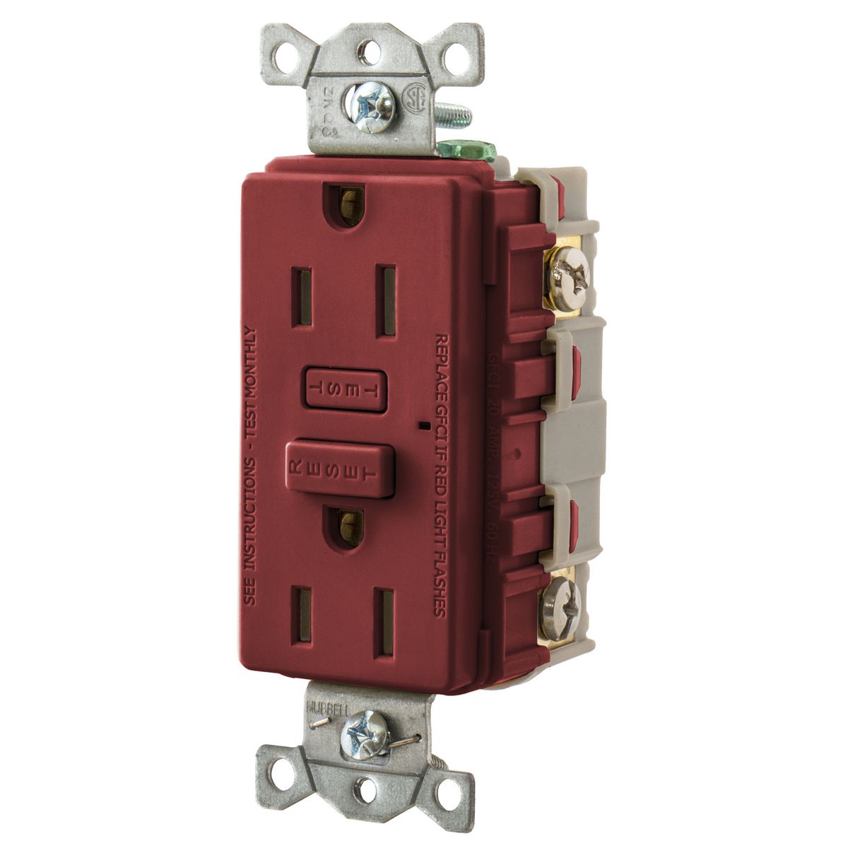 Hubbell Wiring Device Kellems, Power Protection Products, GFCIReceptacle, Duplex, Hubbell PRO, 15A 125V AC, 2-Pole 3-Wire Grounding,5-15R, Red