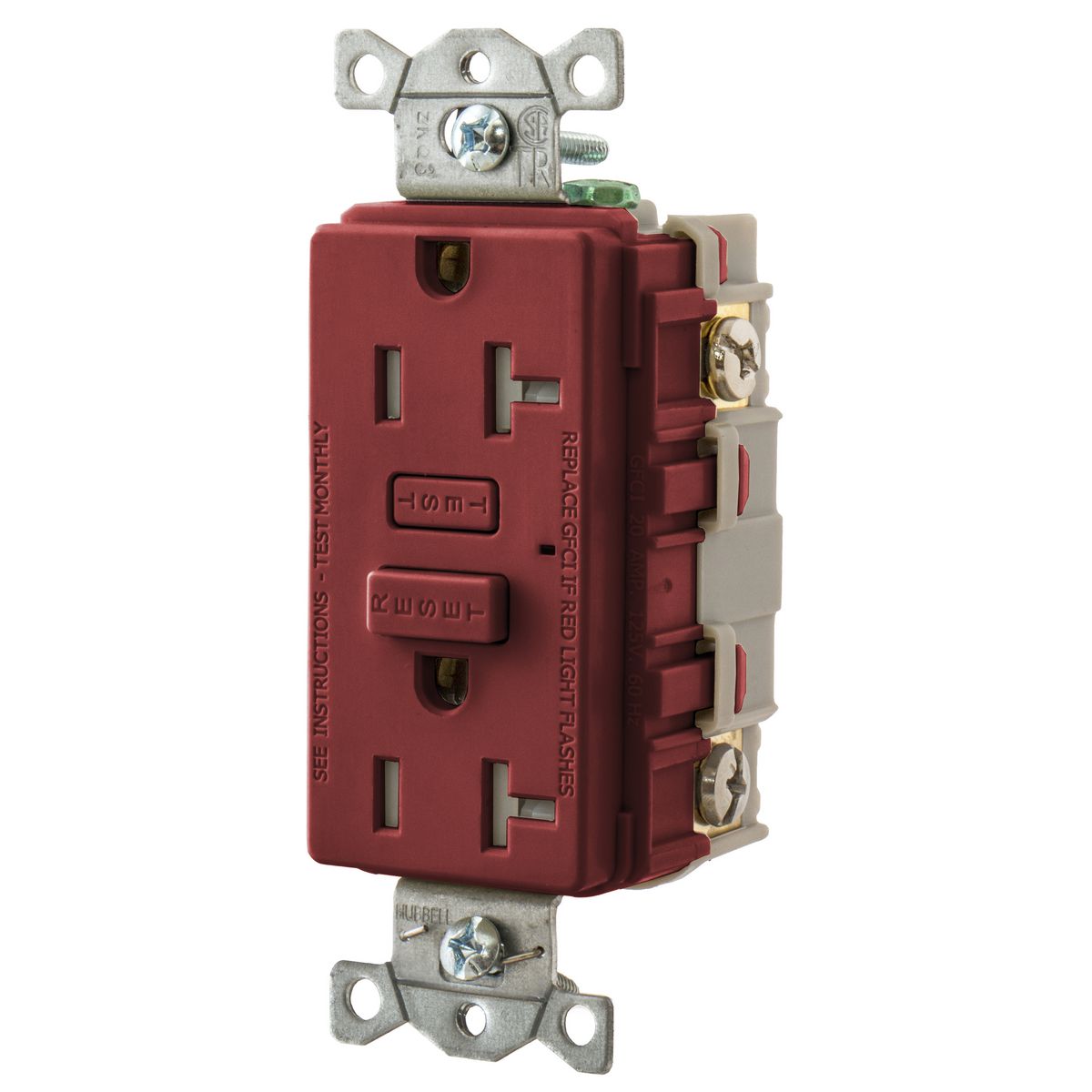 Hubbell Wiring Device Kellems, Power Protective Products, GFCIReceptacle, Hubbell Pro, 20A 125V AC, 2-Pole 3-Wire Grounding, 5-20R,Red
