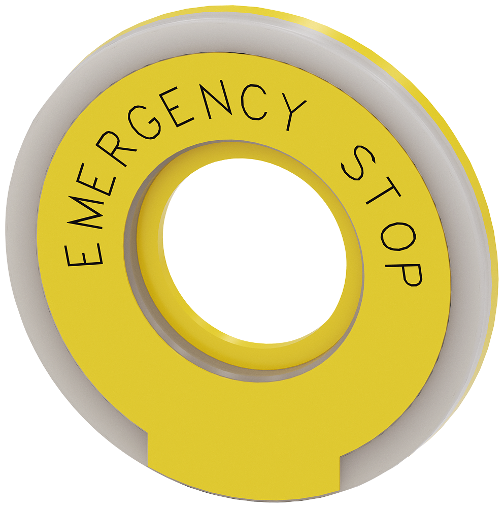 3SU19010BD310DA0 804766530241 Washer round for EMERGENCY STOP mushroom pushbutton. yellow. illuminated. thickness 5 mm. outer diameter 75 mm. inside diameter 23 mm. with inscription EMERGENCY STOP