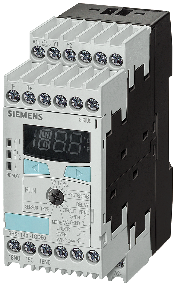 Temperature monitoring relay Thermocouple J.K. T.E. N.S. R.B 2 threshold valuesdigitally adjustable -99 C to 1800 C (sensor-dependent) 24-240 V AC/DC 2 x 1 CO+ 1 NO. Width 45 mm Spring-type terminal