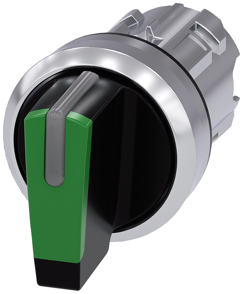 Selector switch. can be illum.. 22mm. round. metal. shiny. green. short selector switch. 3 switch positions i o-ii. mom. contact type to the left. latching to the right. actuating angle 2x45 deg.. 10 30h/12h/13 30h
