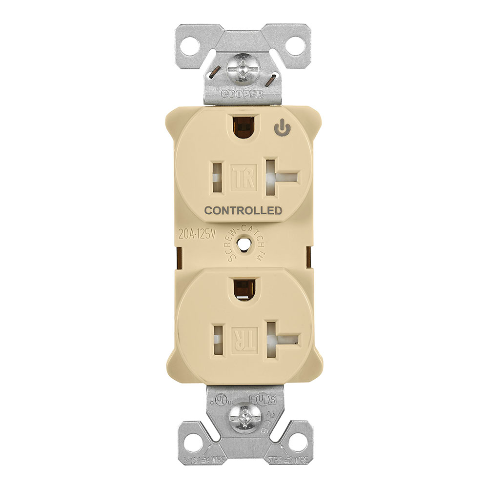 Eaton Arrow Hart heavy duty industrial specification grade duplex receptacle, Tamper resistant,auto-grounding, Half control, #14-10 AWG, 20A, Flush, 125V, Ivory, Brass, Impact-resistant thermoplastic face,PVC body, 5-20R, 2-pole, 3-wire, ,