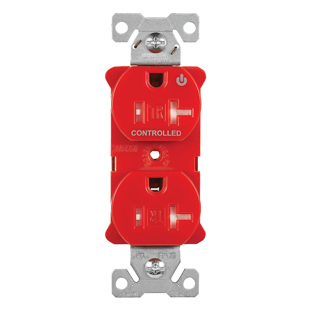 Eaton Arrow Hart heavy duty industrial specification grade duplex receptacle, Tamper resistant,auto-grounding, Half control, #14-10 AWG, 20A, Flush, 125V, Red, Brass, Impact-resistant thermoplastic face,PVC body, 5-20R, 2-pole, 3-wire, ,