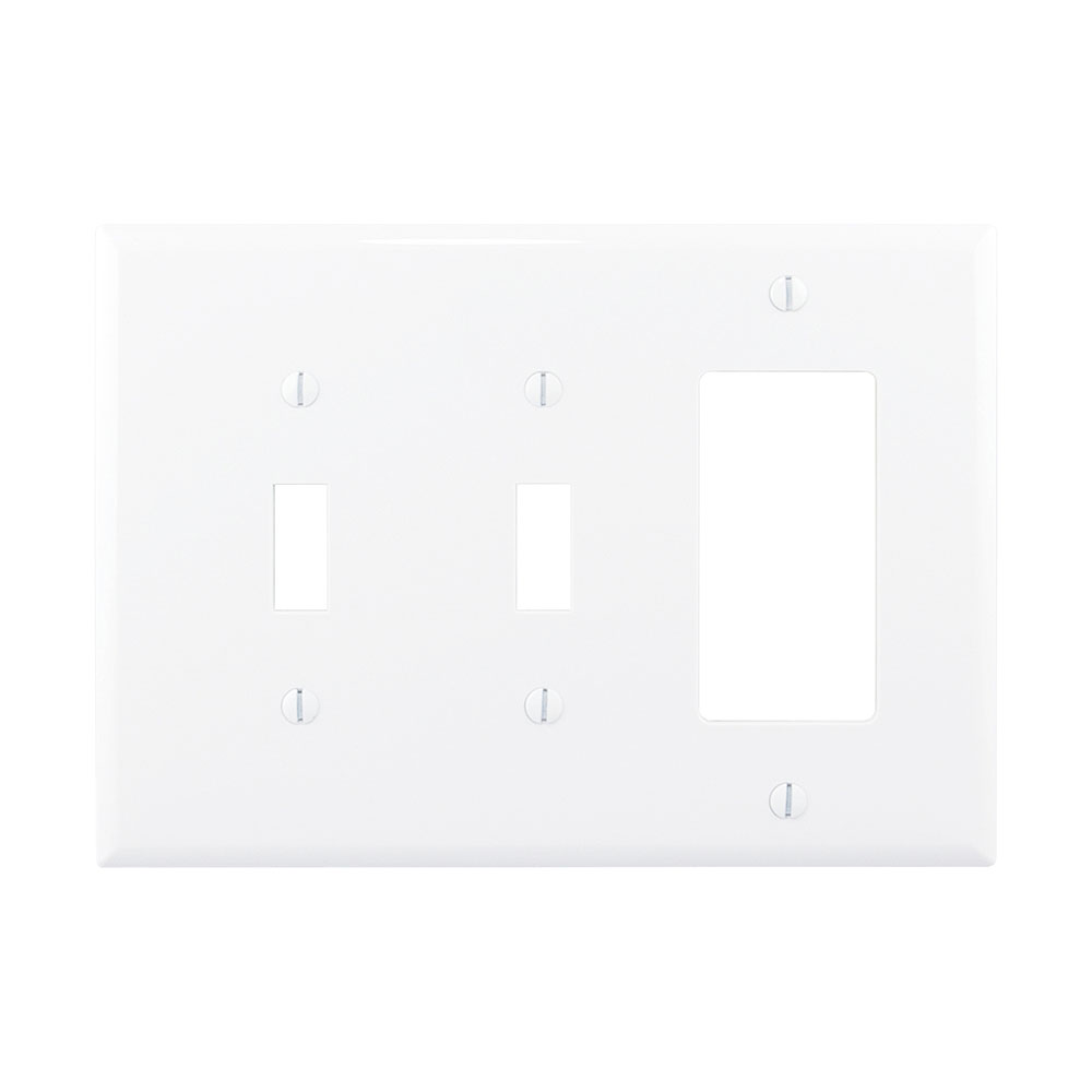 COOPER PJ226W-SP-L WALLPLATE 3-GANG 2TOGGLE/DECORATOR POLYCARBONATE MID-SIZE WHITE