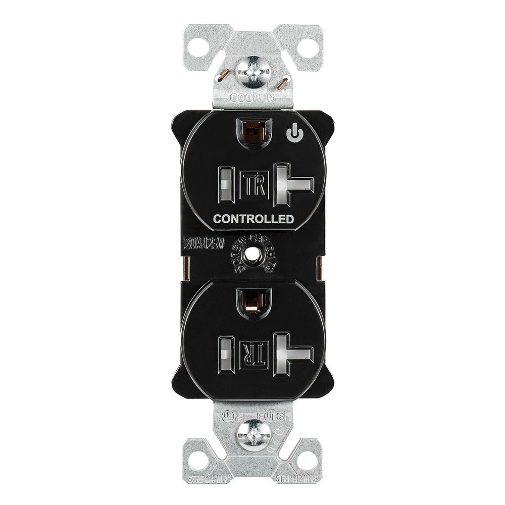 Eaton Arrow Hart heavy duty industrial specification grade duplex receptacle, Tamper resistant,auto-grounding, Half control, #14-10 AWG, 20A, Flush, 125V, Black, Brass, Impact-resistant thermoplastic face,PVC body, 5-20R, 2-pole, 3-wire, ,
