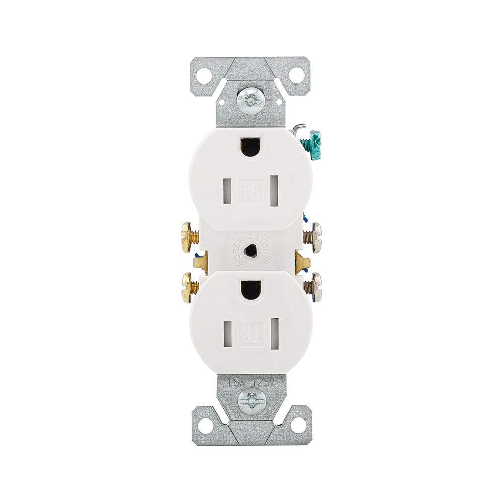Eaton residential grade duplex receptacle, Tamper resistant, 10-pckg, , #14-10 AWG, 15A, Flush, 125V, White, Brass, Impact-resistant thermoplastic face,PVC body, 5-15R, Two-pole, Three-wire, Screw,