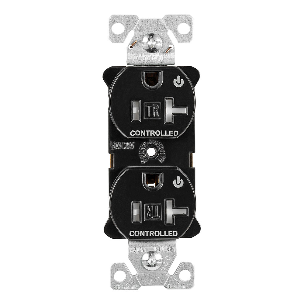Eaton Arrow Hart heavy duty industrial specification grade duplex receptacle, Tamper resistant,auto-grounding, Dual control, #14-10 AWG, 20A, Flush, 125V, Black, Brass, Impact-resistant thermoplastic face,PVC body, 5-20R, 2-pole, 3-wire, ,