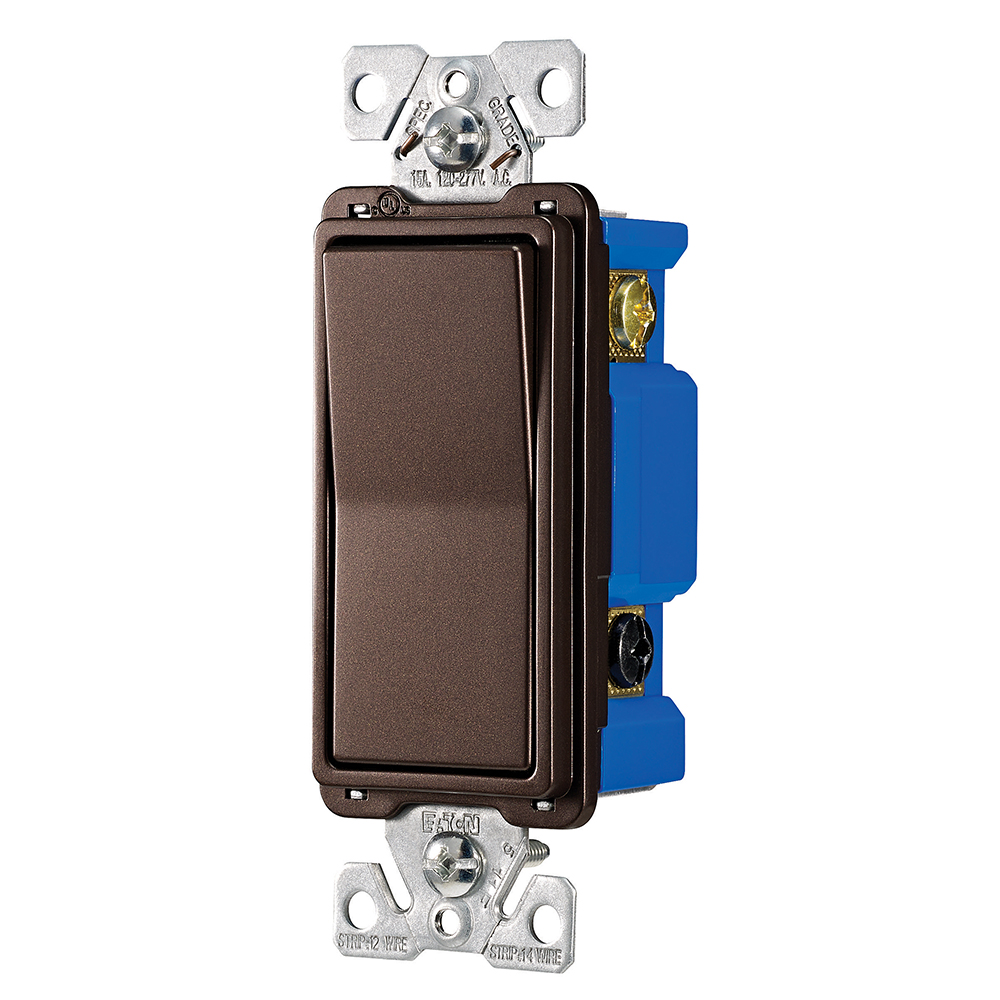 Eaton standard grade decorator switch, #14-12 AWG, 15A, Flush, 120/277V, Back/push, Decorator, Maintained, Oil rubbed bronze, Motor Control, Fan, LED, Incand, ELV,MLV,CFL, Florscnt, Halogen, Four-way, Thermoplastic 752766