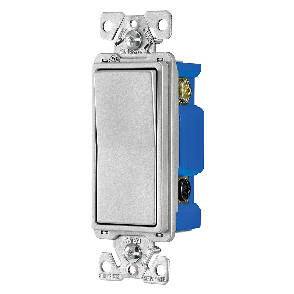 Eaton decorator switch, 15A, 120/277V, Back push wiring, Slvr gran, Four-way 752759
