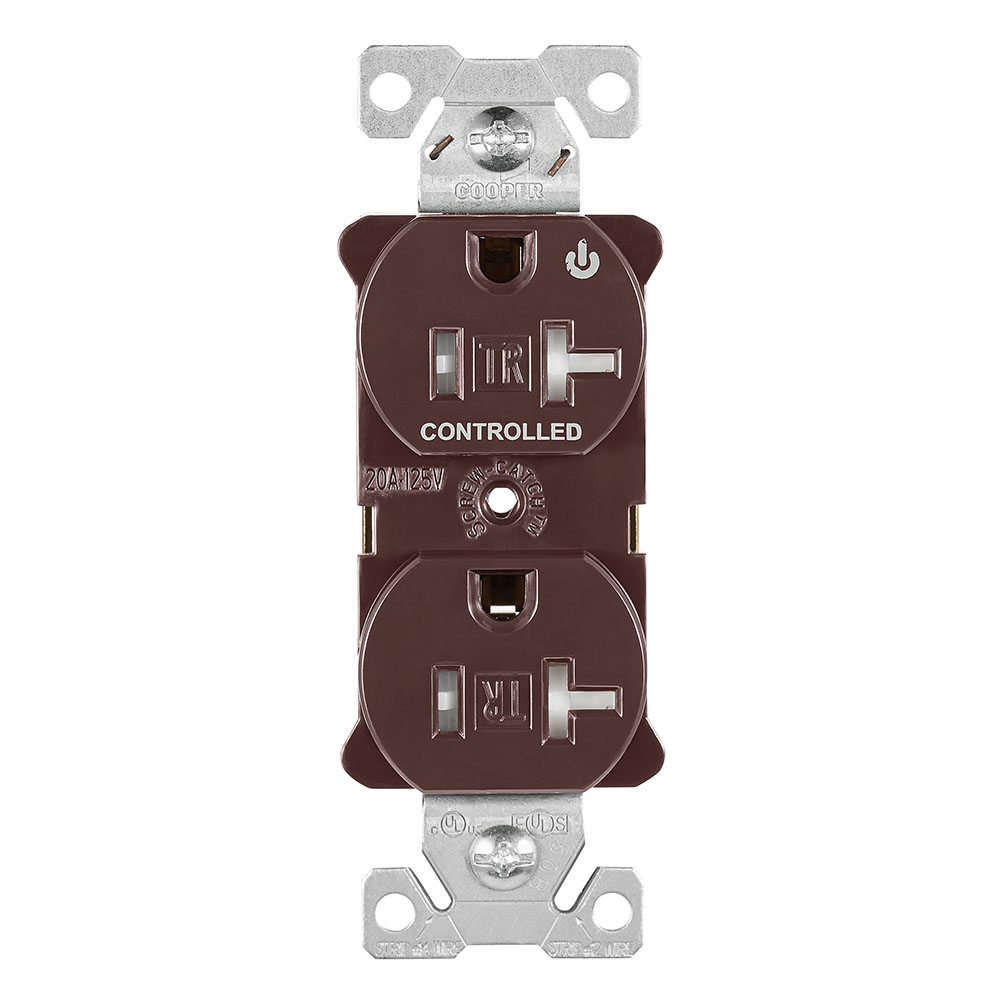 Eaton Arrow Hart heavy duty industrial specification grade duplex receptacle, Tamper resistant,auto-grounding, Half control, #14-10 AWG, 20A, Flush, 125V, Brown, Brass, Impact-resistant thermoplastic face,PVC body, 5-20R, 2-pole, 3-wire, ,
