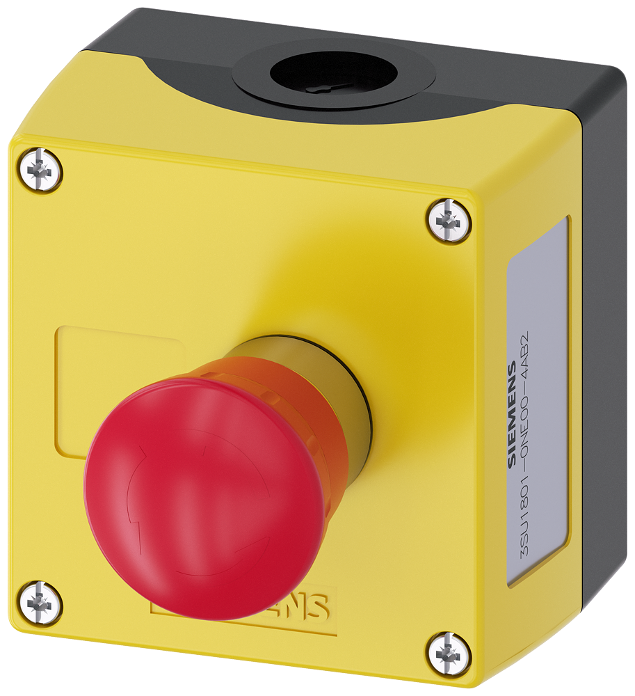 Enclosure for command devices 22 mm. round. Enclosure material plastic. Enclosure top part yellow. 1 control point. A=EMERGENCY STOP mushroom pushbutton red. metal. 40 mm. rotate-to-unlatch. 1 NO. 1 NC. 1 NC. spring-type terminal. floor mounting. support terminal. without label. 1xM20 each on top and bottom Offer 47080