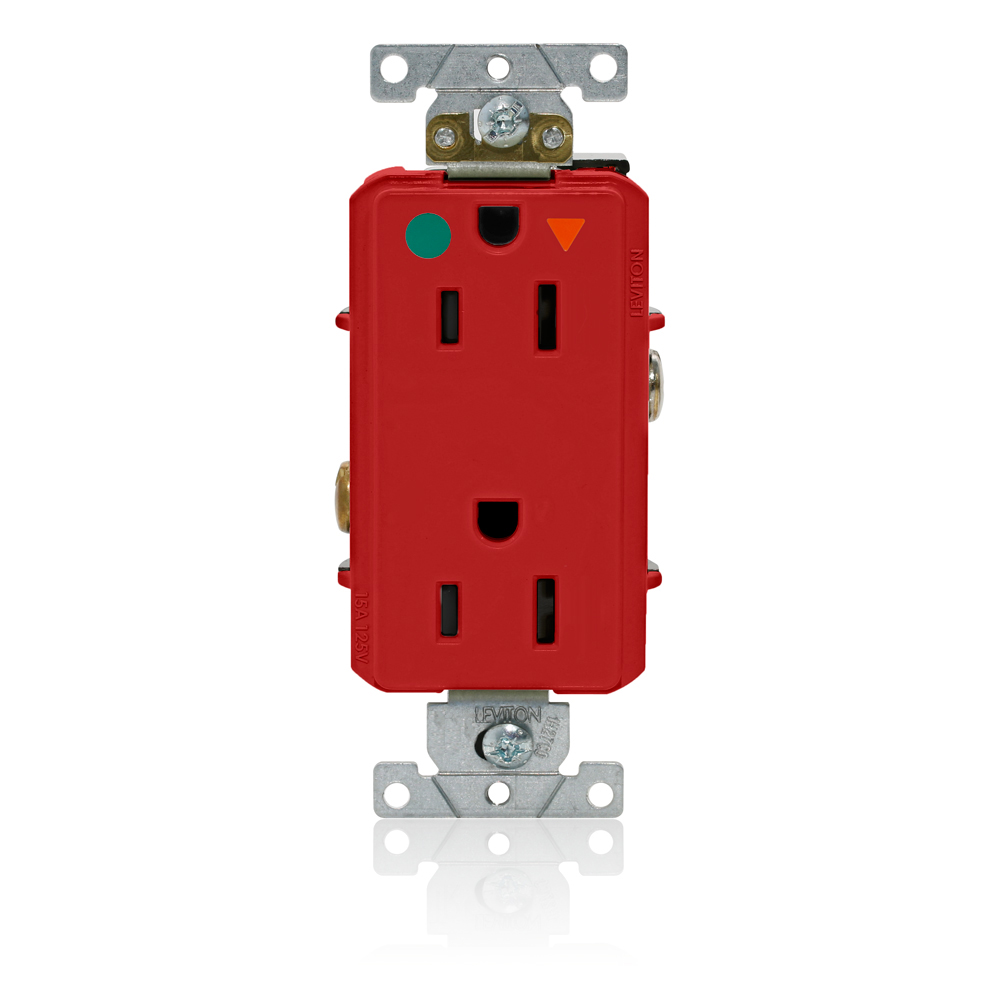 Decora Plus Isolated Ground Duplex Receptacle Outlet, Heavy-Duty Hospital Grade, Smooth Face, 15 Amp, 125 Volt, Back or Side Wire, NEMA 5-15R, 2-Pole, 3-Wire, Self-Grounding - Red