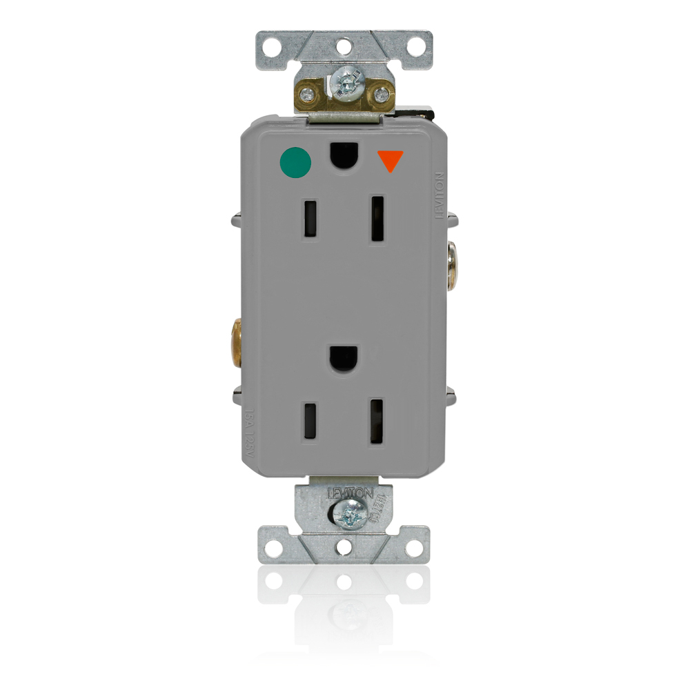 Decora Plus Isolated Ground Duplex Receptacle Outlet, Heavy-Duty Hospital Grade, Smooth Face, 15 Amp, 125 Volt, Back or Side Wire, NEMA 5-15R, 2-Pole, 3-Wire, Self-Grounding - Gray
