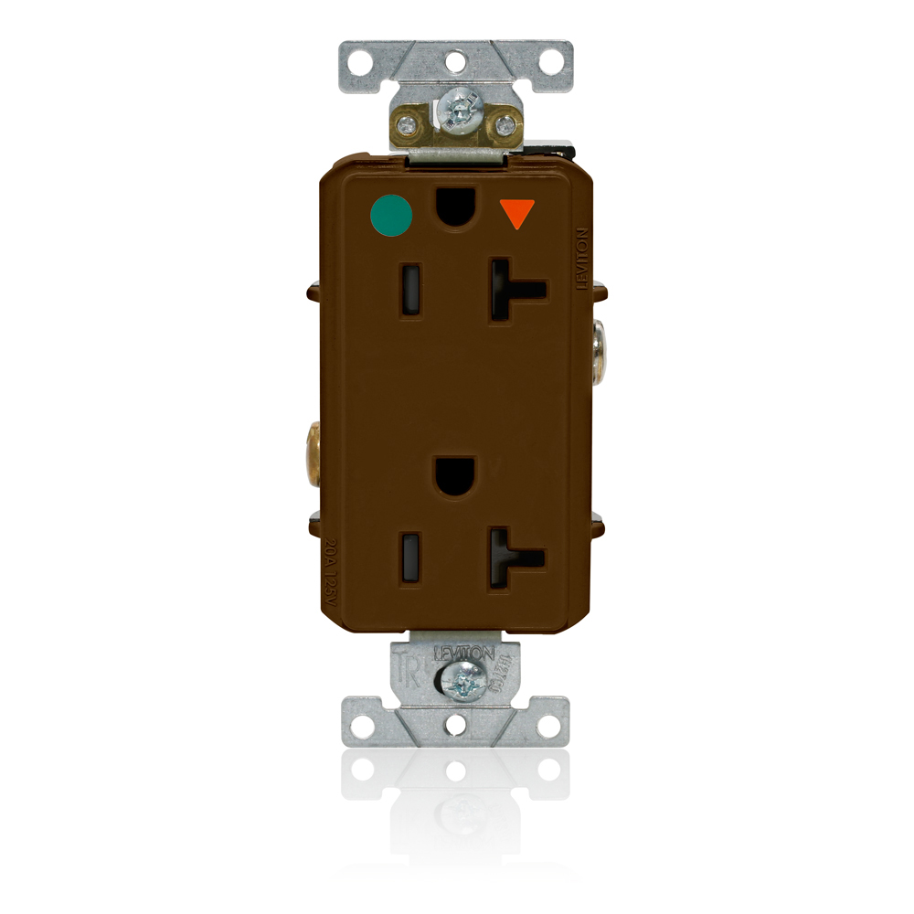 Decora Plus Isolated Ground Duplex Receptacle Outlet, Heavy-Duty Hospital Grade, Smooth Face, 20 Amp, 125 Volt, Back or Side Wire, NEMA 5-20R, 2-Pole, 3-Wire, Self-Grounding - Brown
