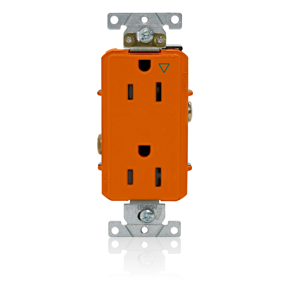 Decora Plus Isolated Ground Duplex Receptacle Outlet, Heavy-Duty Industrial Specification Grade, Smooth Face, 15 Amp, 125 Volt, Back or Side Wire, NEMA 5-15R, 2-Pole, 3-Wire, Self-Grounding - Orange