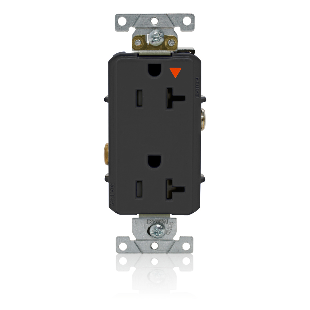 Decora Plus Isolated Ground Duplex Receptacle Outlet, Heavy-Duty Industrial Specification Grade, Smooth Face, 20 Amp, 125 Volt, Back or Side Wire, NEMA 5-20R, 2-Pole, 3-Wire, Self-Grounding - Black