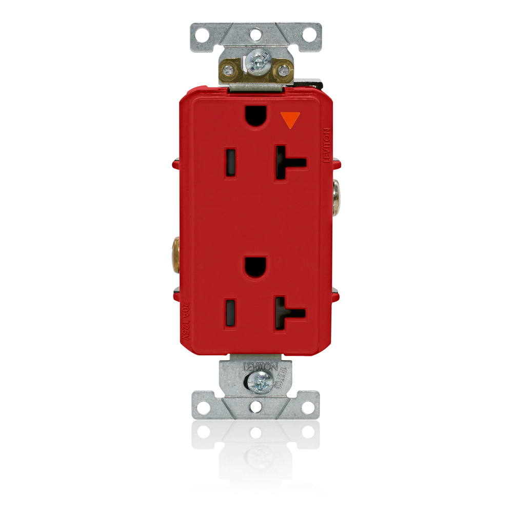 Decora Plus Isolated Ground Duplex Receptacle Outlet, Heavy-Duty Industrial Specification Grade, Smooth Face, 20 Amp, 125 Volt, Back or Side Wire, NEMA 5-20R, 2-Pole, 3-Wire, Self-Grounding - Red