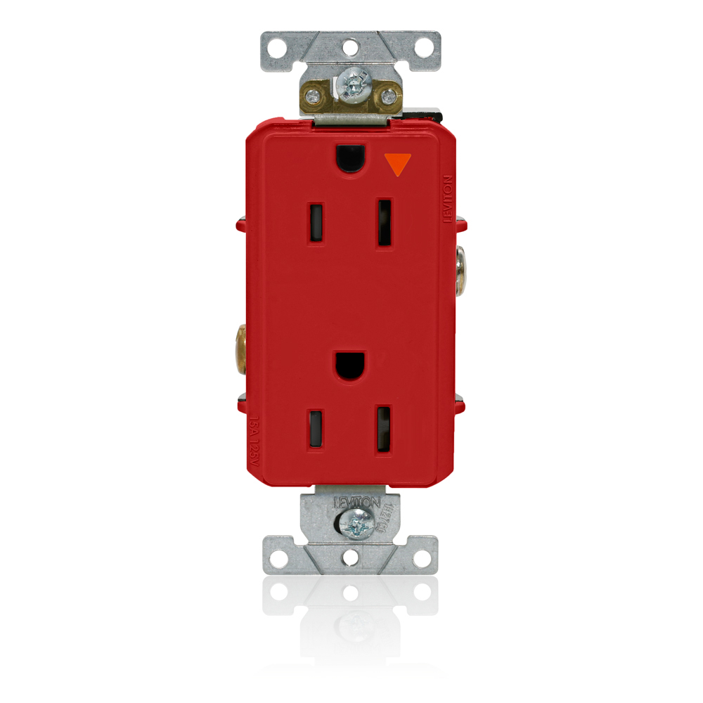 Decora Plus Isolated Ground Duplex Receptacle Outlet, Heavy-Duty Industrial Specification Grade, Smooth Face, 15 Amp, 125 Volt, Back or Side Wire, NEMA 5-15R, 2-Pole, 3-Wire, Self-Grounding - Red