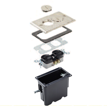 A rectangular wood floor box kit with a nickel finish that supplies power in open space living. The kit includes the box, cover and a 15A Tamper resistant receptacle. It can be installed on carpet, wood, natural stone and tile floors that have a wooden subfloor.