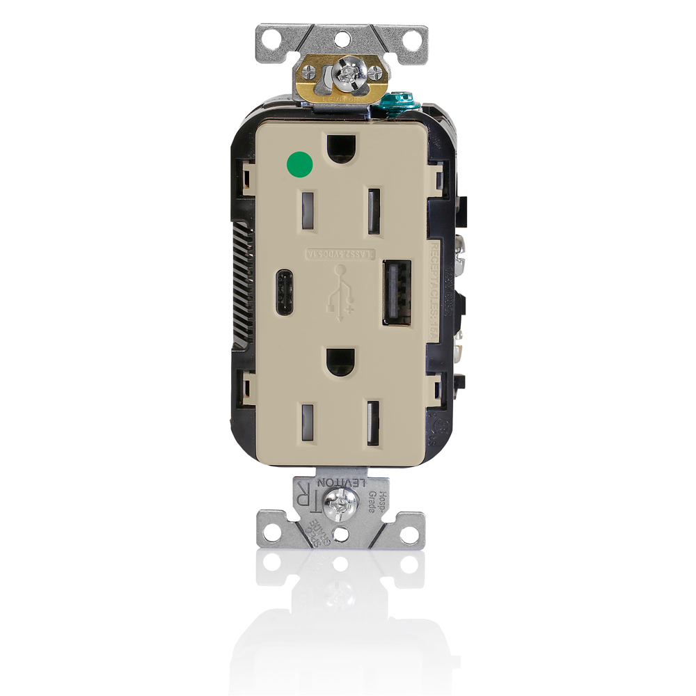 Combination Hospital Grade Duplex Decora Tamper-resistant Receptacle And USB Charger Type A-C. 15A-125V, 2 Pole, 3-Wire Grounding. Ivory. NEMA 5-15R. One Type-c And One Type-A USB Connectors.
