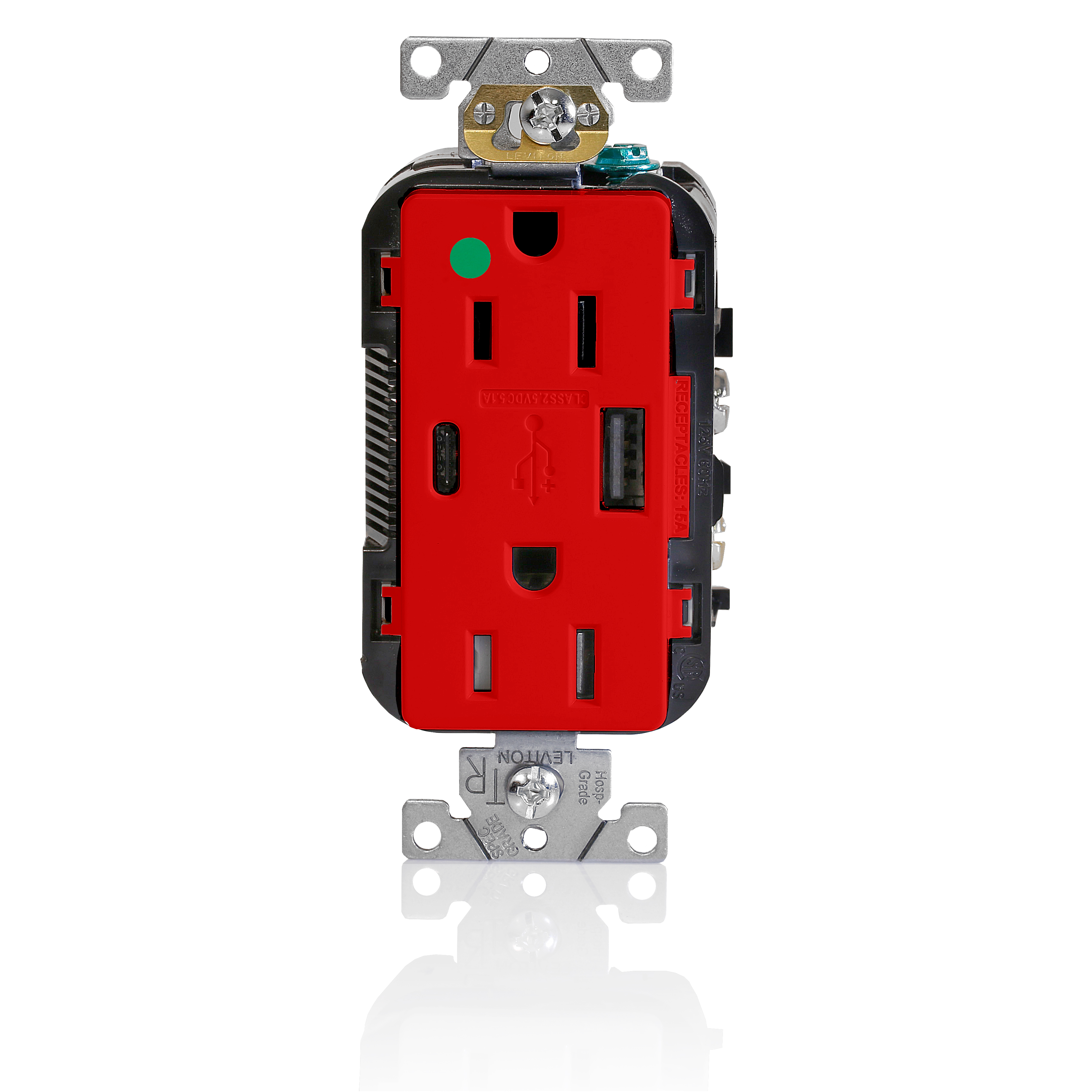 Combination Hospital Grade Duplex Decora Tamper-resistant Receptacle And USB Charger Type A-C. 15A-125V, 2 Pole, 3-Wire Grounding. Red. NEMA 5-15R. One Type-c And One Type-A USB Connectors.