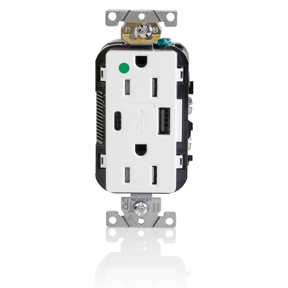 Combination Hospital Grade Duplex Decora Tamper-resistant Receptacle And USB Charger Type A-C. 15A-125V, 2 Pole, 3-Wire Grounding. White. NEMA 5-15R. One Type-c And One Type-A USB Connectors.