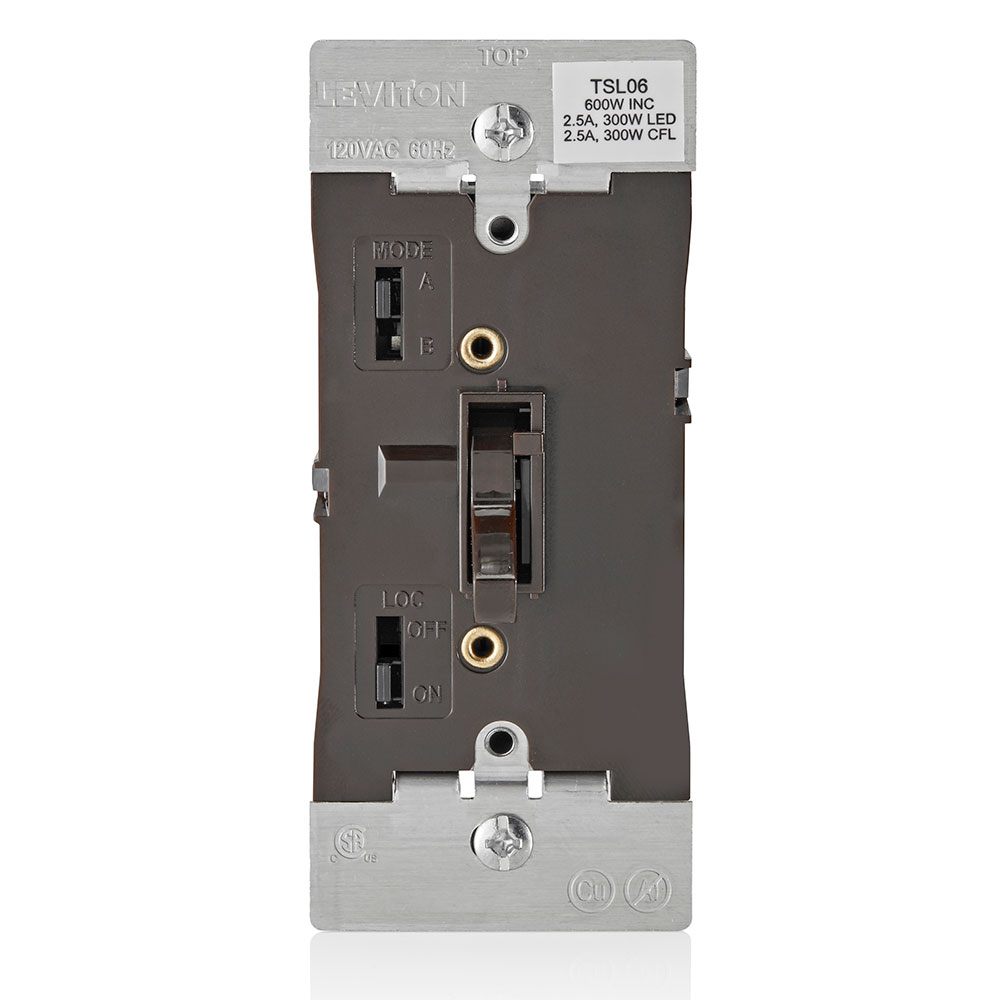 Universal Dimmable LED, CFL, Incandescent and Halogen Toggle-Slide Dimmer, 600W-120VAC Incandescent, 300W-120VAC 60Hz, Single Pole and 3-Way - Brown