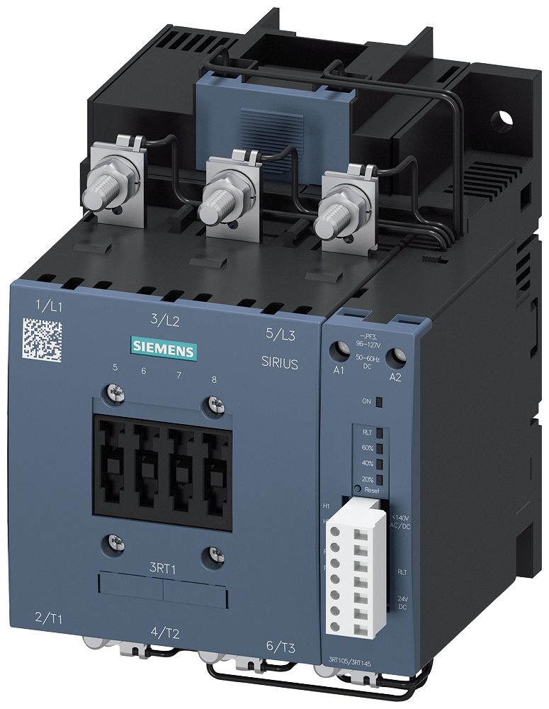 Power contactor. AC-3 185 A. 90 kW / 400 V AC (50-60 Hz) / DC operation 200-277V UC Auxiliary contacts 1 NO + 1 NC 3-pole. Size S6 Busbar connections Drive electronic with PLC / SIMOCODE interface and RLT signal