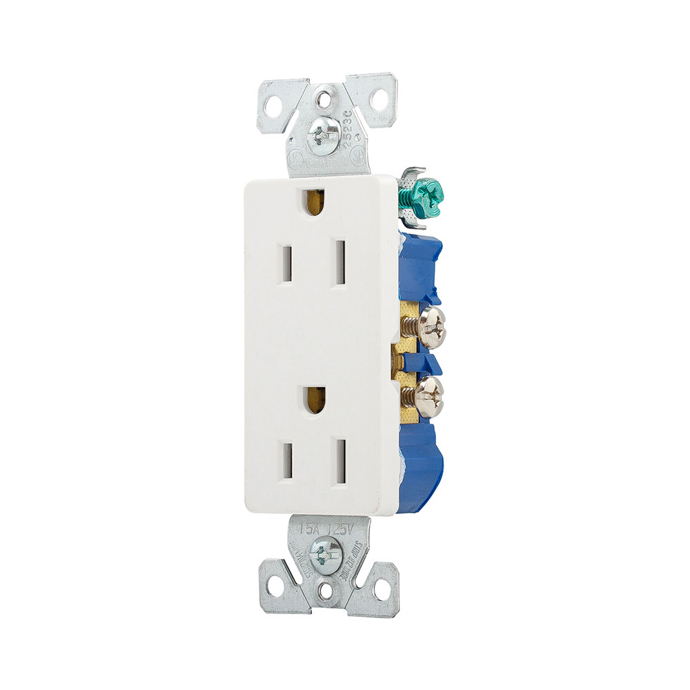 Eaton residential grade duplex receptacle, 10-pack, , #14-10 AWG, 15A, Flush, 125V, White, Brass, Impact-resistant thermoplastic, 5-15R, Two-pole, Three-wire, Screw, Thermoplastic