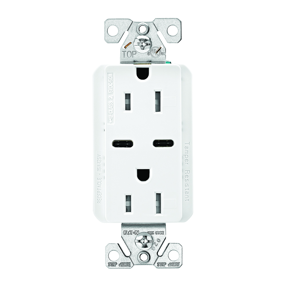 Eaton Combination USB Type-C Charger, 15A 5-15R Receptacle, 5A,  125 Vac, Black, Box