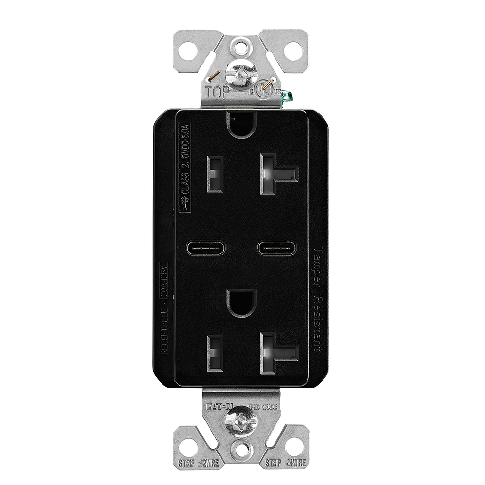 Eaton Combination USB Type-C Charger, 20A 5-20R Receptacle, 5A,  125 Vac, Black, Box