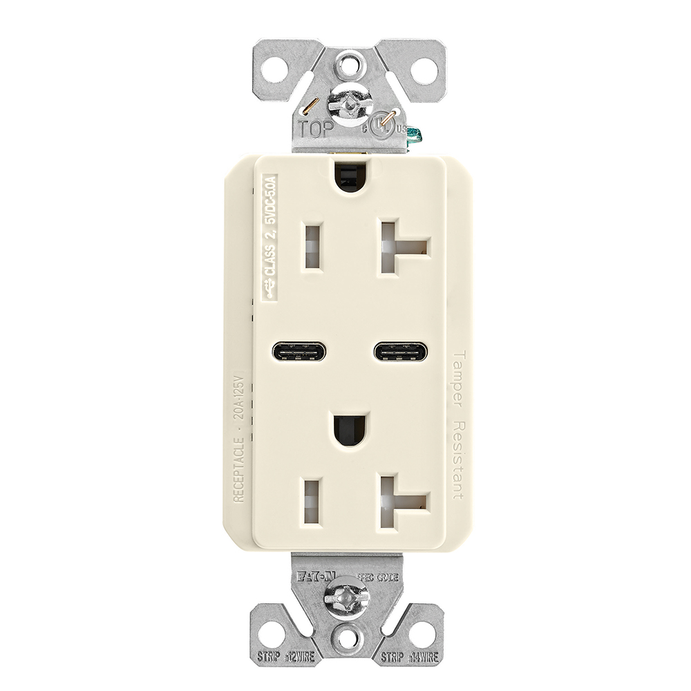 Eaton Combination USB Type-C Charger, 20A 5-20R Receptacle, 5A,  125 Vac, Light Almond, Box
