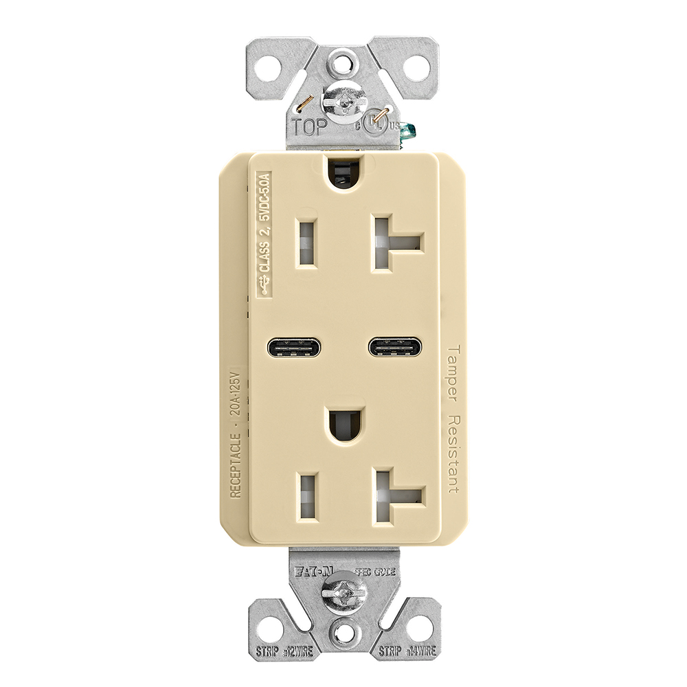 Eaton Combination USB Type-C Charger, 20A 5-20R Receptacle, 5A,  125 Vac, Ivory, Box