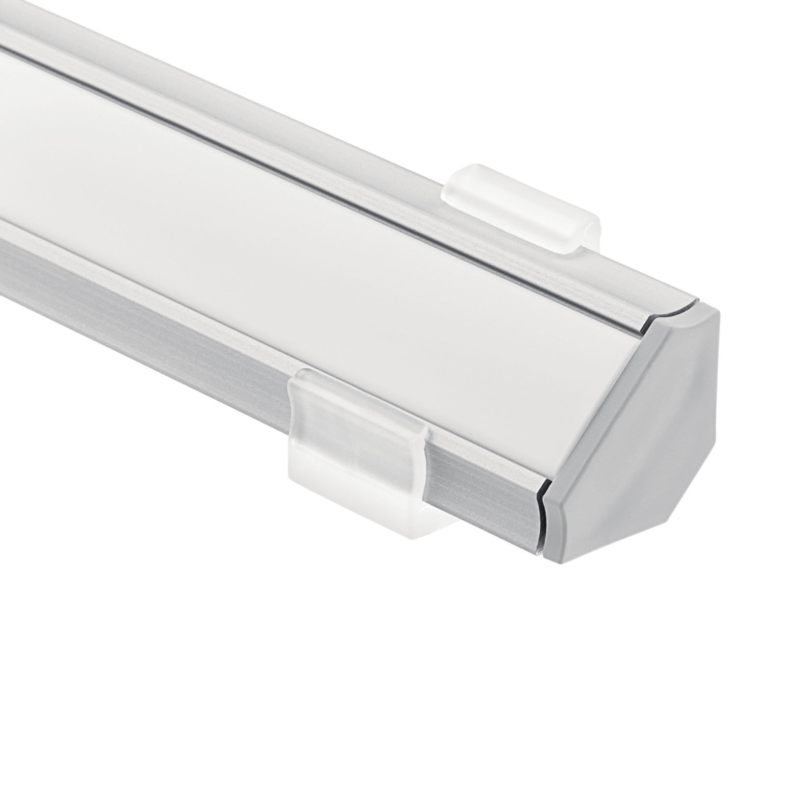 This 45-degree surface-mounted aluminum extruded channel kit is ideal for creating directional light under cabinets, stairs or drawers.   The kit comes equipped with 4 feet of channel and white opaque lens, as well as coordinating end caps and mounting clips. Simply add the Kichler LED Tape, Power Supply and accessories best suited for your installation.