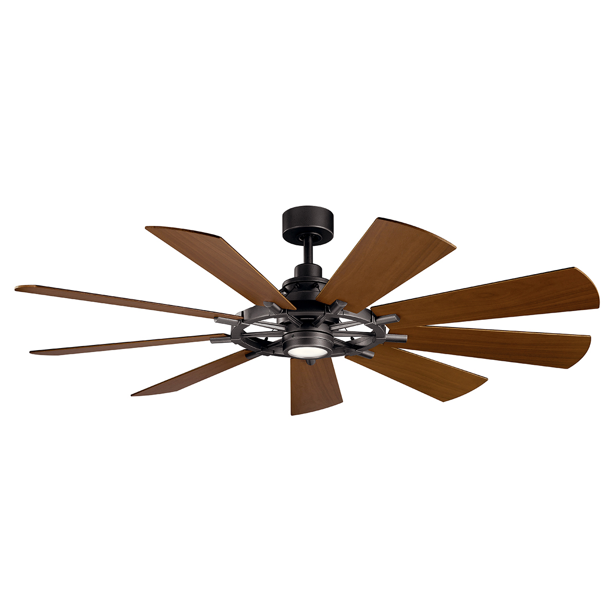 This 65in. LED Gentry ceiling fan knows how to make an impact, both visually and with impressive airflow. The nine-blade design creates a stunning visual effect on or off. The industrial era-inspired Anvil Iron finish provides a style that fits with modern, classic or rustic settings. The LED light source delivers 1,600 lumens of output, about the equivalent of a 150-watt incandescent light bulb, for terrific ambient light.
