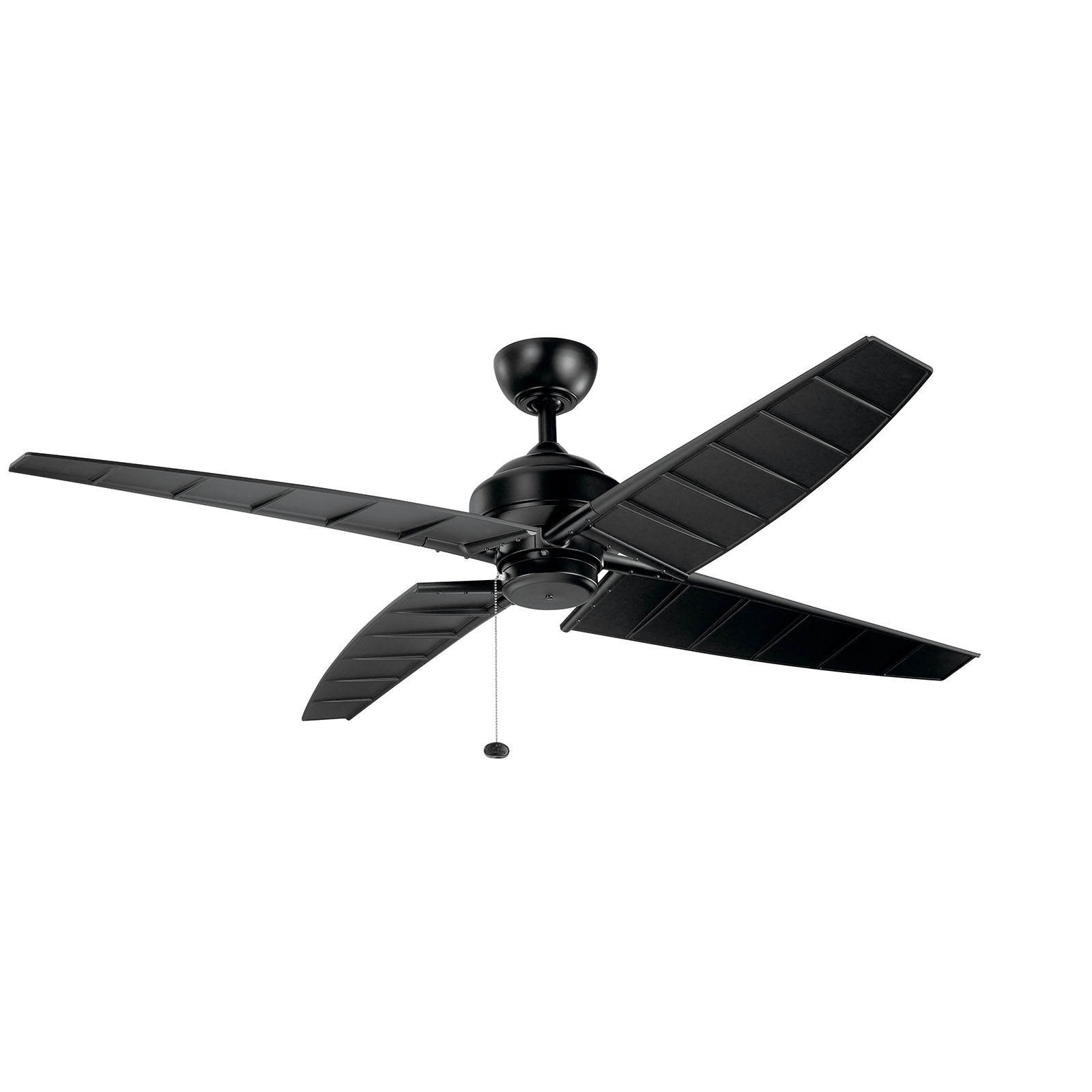 This 60 in. Surrey Climatesâ„¢ ceiling fan in a Satin Black Powder Coat finish is reminiscent of summer bike rides along the boardwalk and a cool nautical breeze: Surrey's slatted blades and laid-back style bring a beachy feel to rooms inside or out. Crafted from Kichler's CLIMATESâ„¢ materials, the fan finish is designed to withstand harsh outdoor elements for long-lasting beauty. Add an optional Kichler light kit for enhanced functionality.