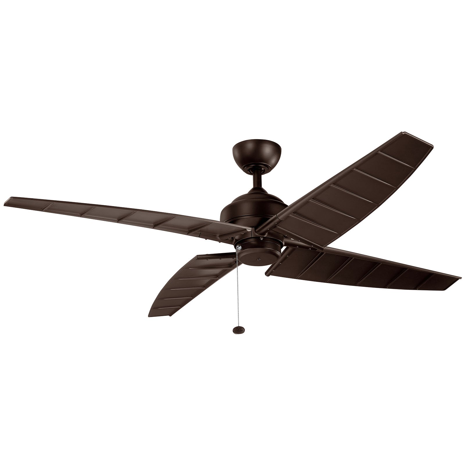This 60 in. Surrey Climatesâ„¢ ceiling fan in a Satin Natural Bronze finish is reminiscent of summer bike rides along the boardwalk and a cool nautical breeze: Surrey's slatted blades and laid-back style bring a beachy feel to rooms inside or out. Crafted from Kichler's CLIMATESâ„¢ materials, the fan finish is designed to withstand harsh outdoor elements for long-lasting beauty. Add an optional Kichler light kit for enhanced functionality.
