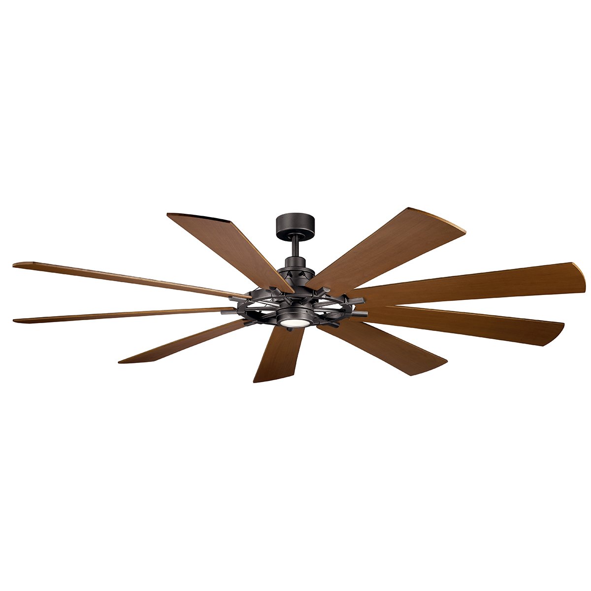 This 85in. LED Gentry ceiling fan knows how to make an impact, both visually and with impressive airflow. The nine-blade design creates a stunning visual effect on or off. The industrial era-inspired Anvil Iron finish provides a style that fits with modern, classic or rustic settings. The LED light source delivers 1,600 lumens of output, about the equivalent of a 150-watt incandescent light bulb, for terrific ambient light.