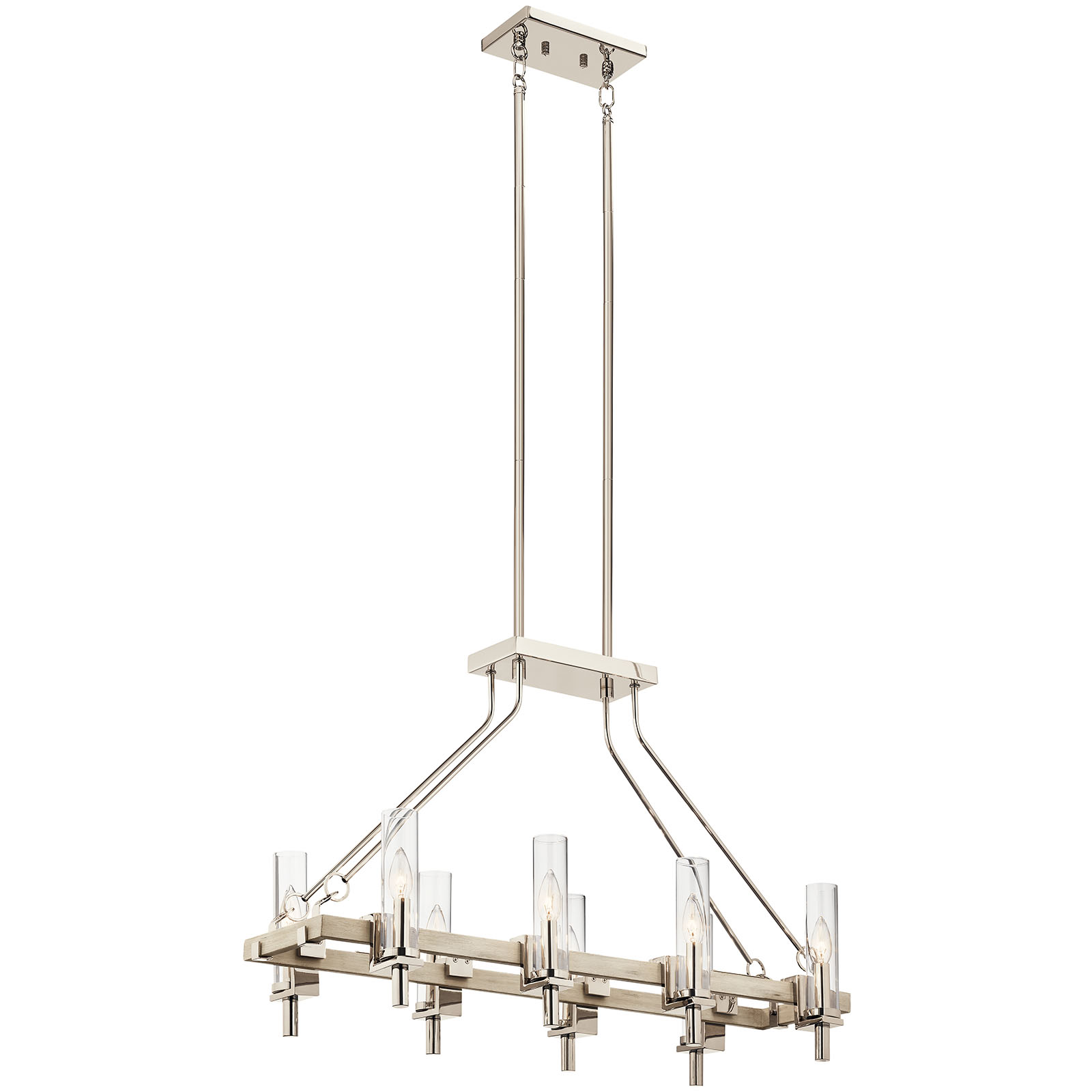 Glamour meets farmhouse charm with this 6 light linear chandelier from the Telan collection. A mixture of metal finishes and whitewashed wood-tones bring a homespun touch, while the clean lines and fluted glass shades provide the polishing end effect.