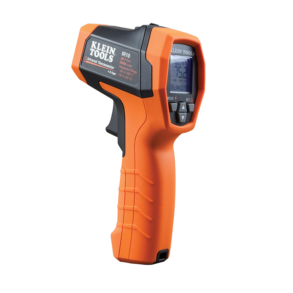 Dual-Laser Infrared Thermometer, 20:1, Incorporates surface temperature measurement capability using IR emission and can also measure bulk temperatures of air, gas, or liquids using a standard K-Type probe