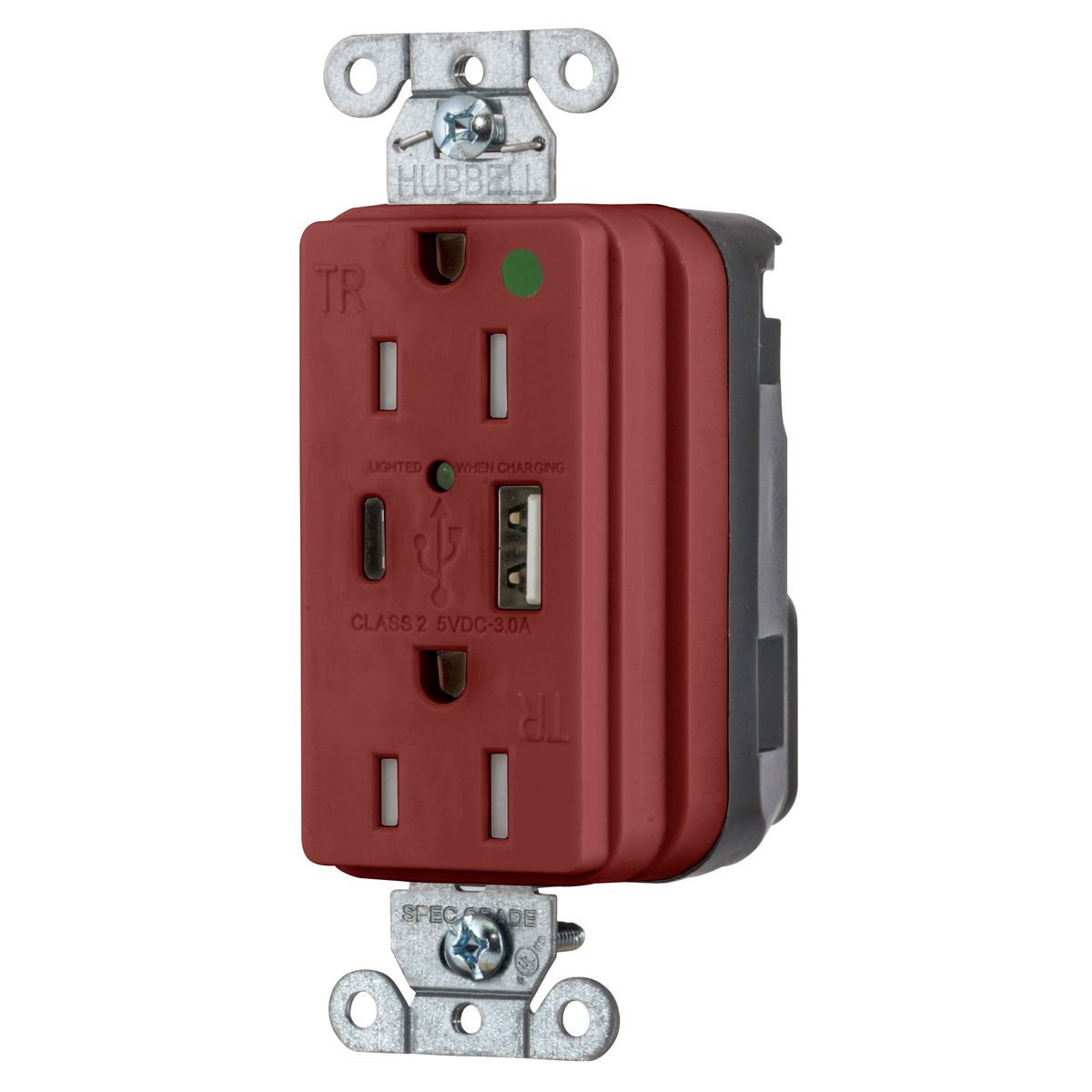 Hubbell Wiring Device Kellems, Straight Blade Devices, SNAP-ConnectDecorator Duplex, USB Charger Receptacle, Hospital Grade, 15A 125V, 2-Pole 3-Wire Grounding, 5-15R, 5A 